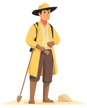 A prospector in yellow attire, equipped with tools, searching for treasure. png