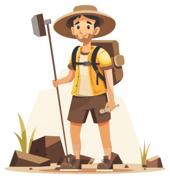 A cartoon illustration of a hiker with a walking stick and backpack. png