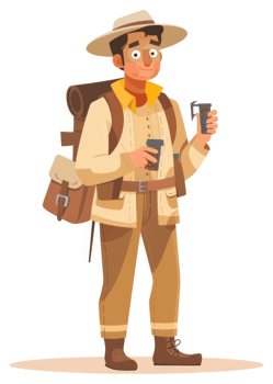A hiker enjoying a coffee break with outdoor equipment. png