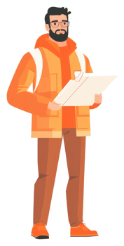 A man in an orange jacket and pants holding a map. png