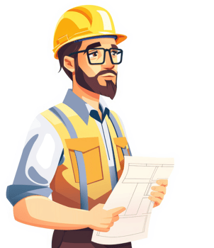 A focused construction worker reviewing building plans. png