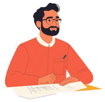 A man in an orange shirt, seated at a desk, reviewing documents. png