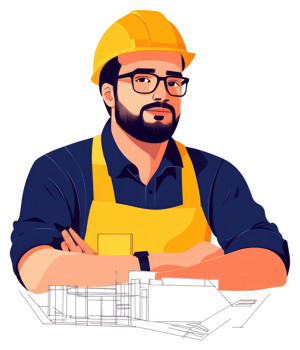 A confident construction worker reviewing building plans. png
