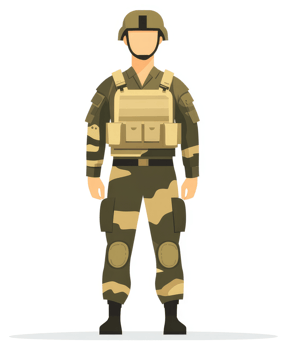 A soldier in camouflage uniform with protective gear. png