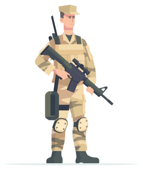 A soldier in camouflage fatigues stands ready with a rifle. png