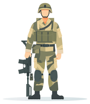 A military soldier in camouflage uniform holding a rifle. png