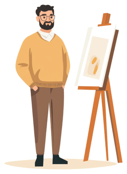A man in a mustard yellow sweater viewing an abstract painting on an easel. png