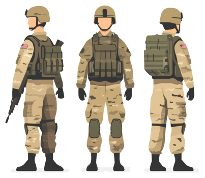 Three views of a soldier in camouflage military uniform. png