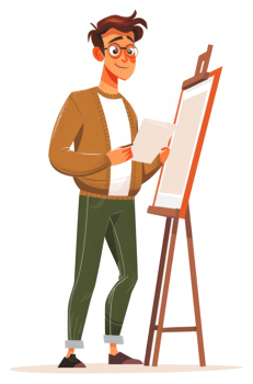 A young artist meticulously examines a blank canvas on an easel. png