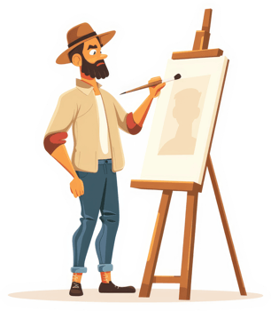 A bearded artist meticulously paints a portrait on an easel. png