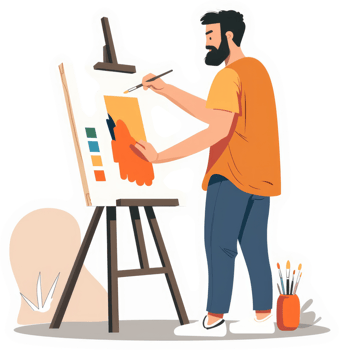 A bearded artist meticulously paints on a canvas easel. png