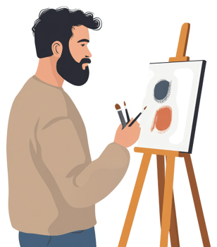 A man with a beard paints on a canvas. png