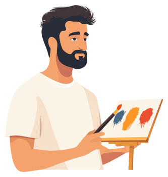 A man with a beard holding a palette of primary colors. png