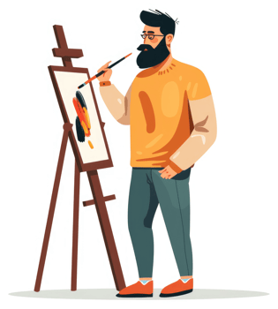 A bearded artist meticulously paints a vibrant abstract piece on an easel. png