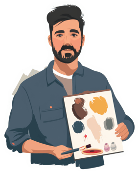 A bearded artist showcasing a color palette. png