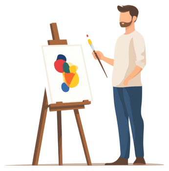 A man painting a vibrant abstract artwork on an easel. png