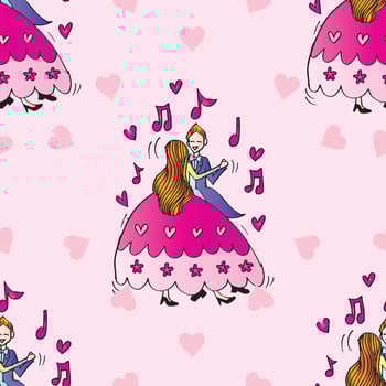 Seamless pattern with romantic couple dancing. Pink background. vector