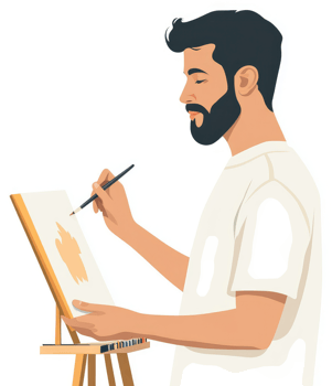 A man with a beard painting on a canvas easel. png