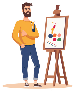A man in a yellow sweater stands proudly beside an easel, showcasing his artwork. png