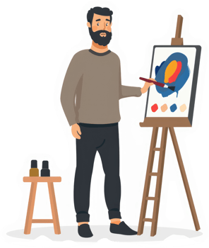 A bearded man in casual wear paints on an easel. png