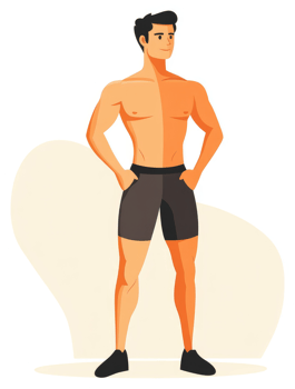 A muscular man in athletic shorts and shoes, standing confidently. png