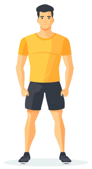 A man wearing a yellow t-shirt and black shorts. png