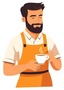A relaxed barista with a steaming coffee cup. png