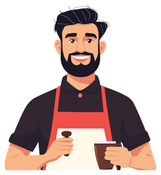A friendly barista holding a coffee mug and tamper. png