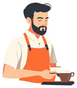 A bearded barista serving a customer a beverage. png