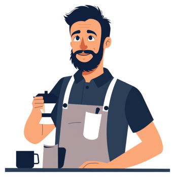A bearded barista expertly pouring coffee into a cafetiere. png
