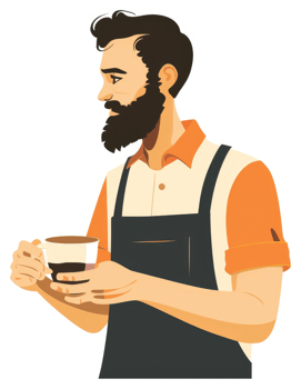 A bearded man in an apron holding a coffee cup. png
