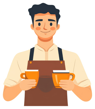 A friendly barista holding two cups of coffee. png