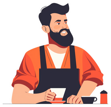 A smiling barista with a beard enjoys a coffee break. png
