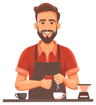 A smiling barista preparing coffee using a pour-over method. png