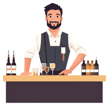 A friendly bartender stands behind a bar counter, ready to mix drinks. png