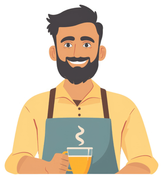 A smiling barista holding a steaming cup of coffee. png