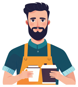 A friendly barista with a beard holding coffee cups. png