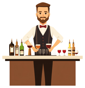 A professional bartender expertly arranging drinks on a bar. png