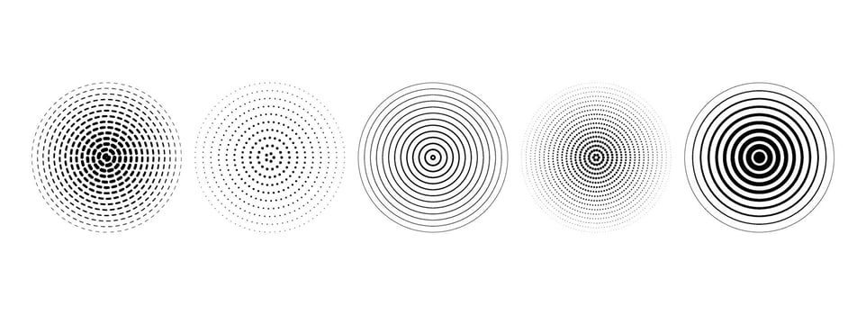 Black concentric circle collection. Dotted and dashed round sound wave set. Epicenter, target, radar, sonar icon concept. Radial radio signal or vibration elements. Linear halftone symbol pack vector