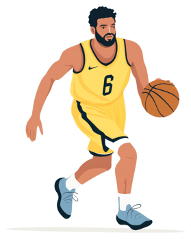 A basketball player in action, dribbling the ball in a yellow uniform. png