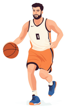 A basketball player in motion dribbling the ball. png