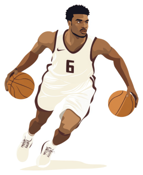 A basketball player in dynamic action, dribbling the ball. png