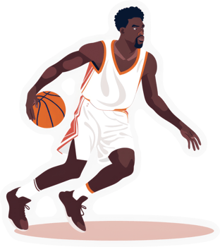 A basketball player in mid-action with ball. png