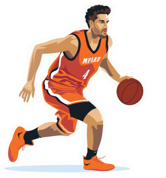 A basketball player in action, dribbling the ball in an orange uniform. png