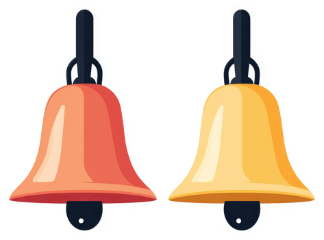 Two colorful bells hanging, one orange and one gold. png