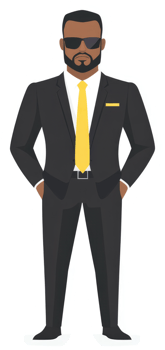 A serious man in a black suit and yellow tie. png