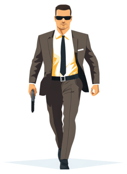 A stylish man in a suit, walking confidently and holding a gun. png