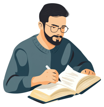 A man in a gray sweater diligently taking notes from an open book. png