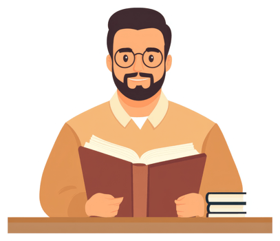 A man with a beard and glasses sits at a table, engrossed in reading an open book. png