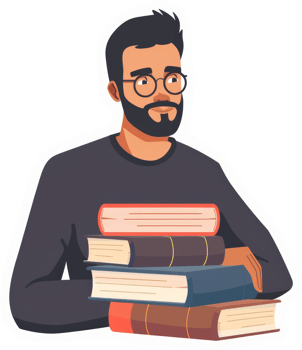 A man with glasses and a beard holding a stack of books. png